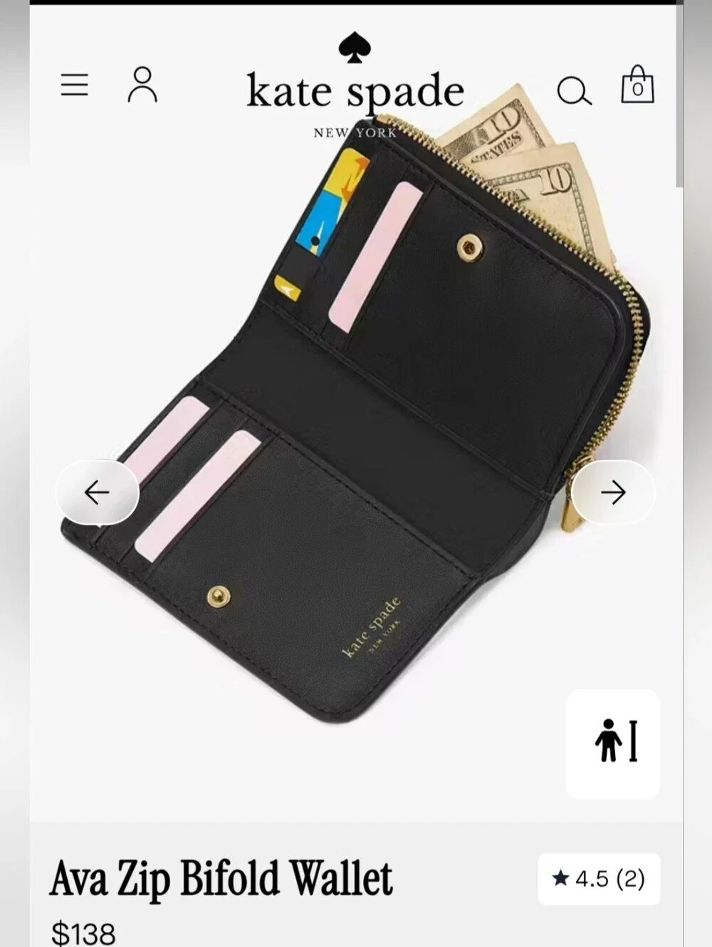 Kate Spade New York Wallet Black Pebbled Leather Bifold Small Zip Around Compact